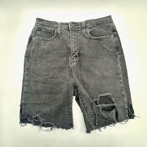 Madewell THE MOMJEAN Black Denim Shorts Size 29 Distressed Raw Cut Off 8" Inseam